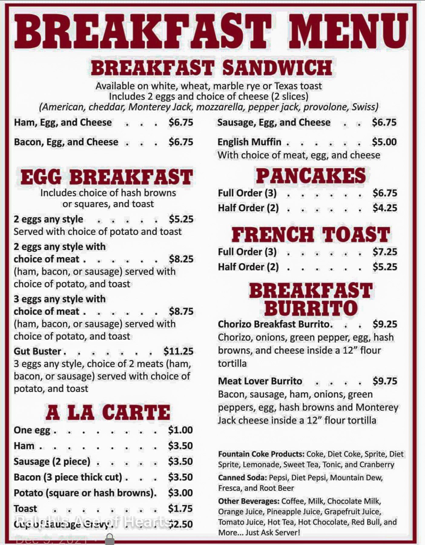 Breakfast menu with eggs, pancakes, French toast, burritos, sandwiches, and a la carte items in red and black text.