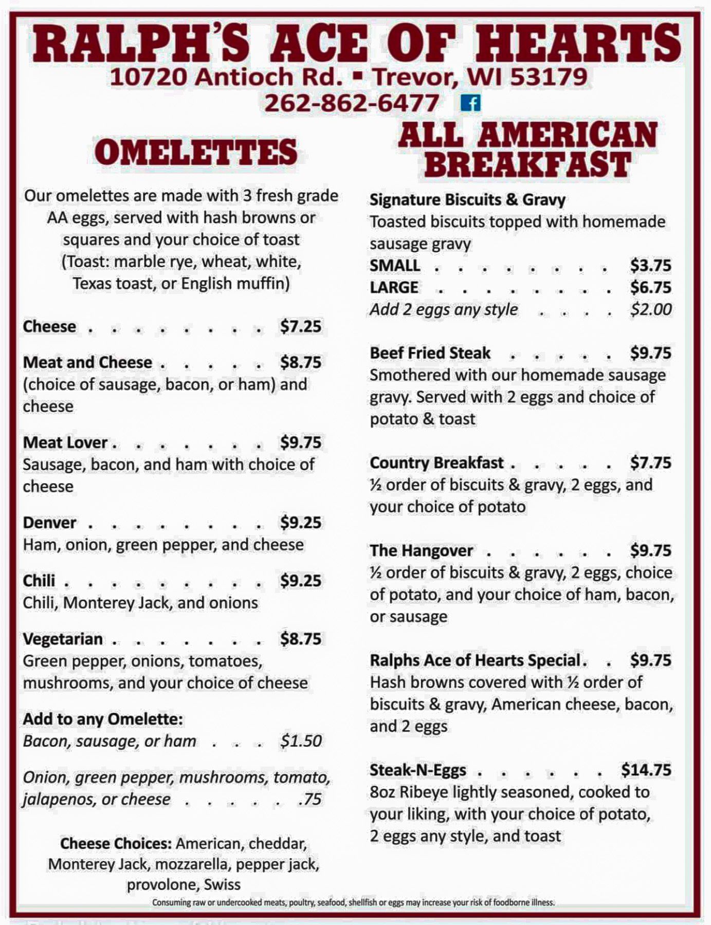 Menu board for Ralph’s Ace of Hearts diner, listing omelettes and American breakfast specials.