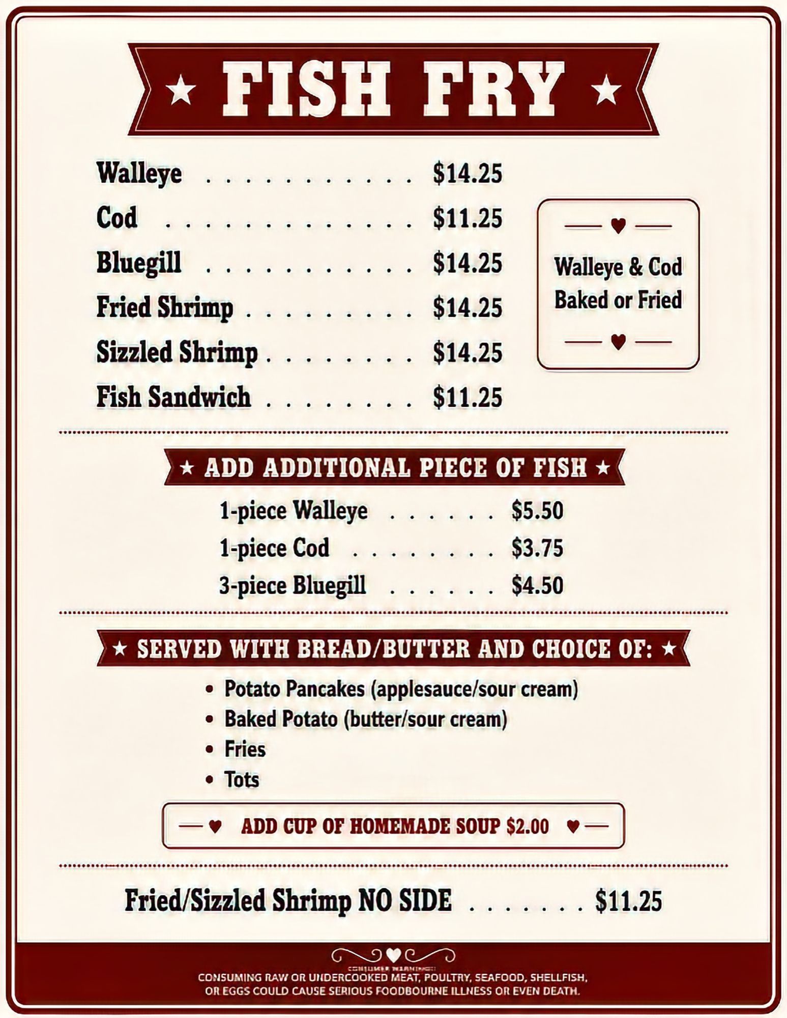 Fish fry menu on cream background with maroon borders, listing fish dinners, add-ons, and sides.
