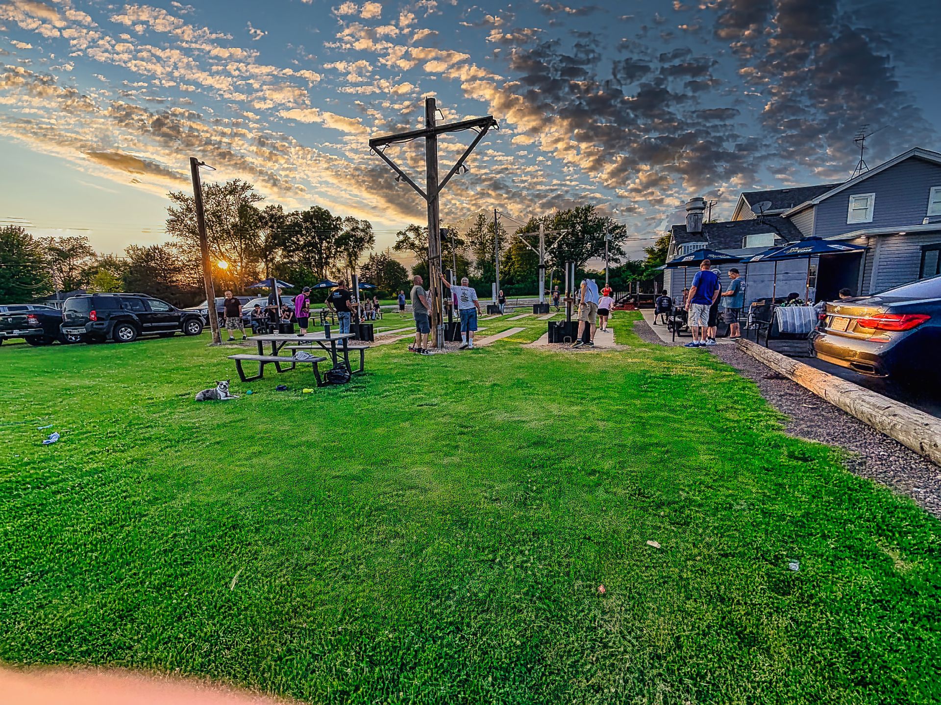 People gathered in a grassy park at sunset with cars parked along the edge.