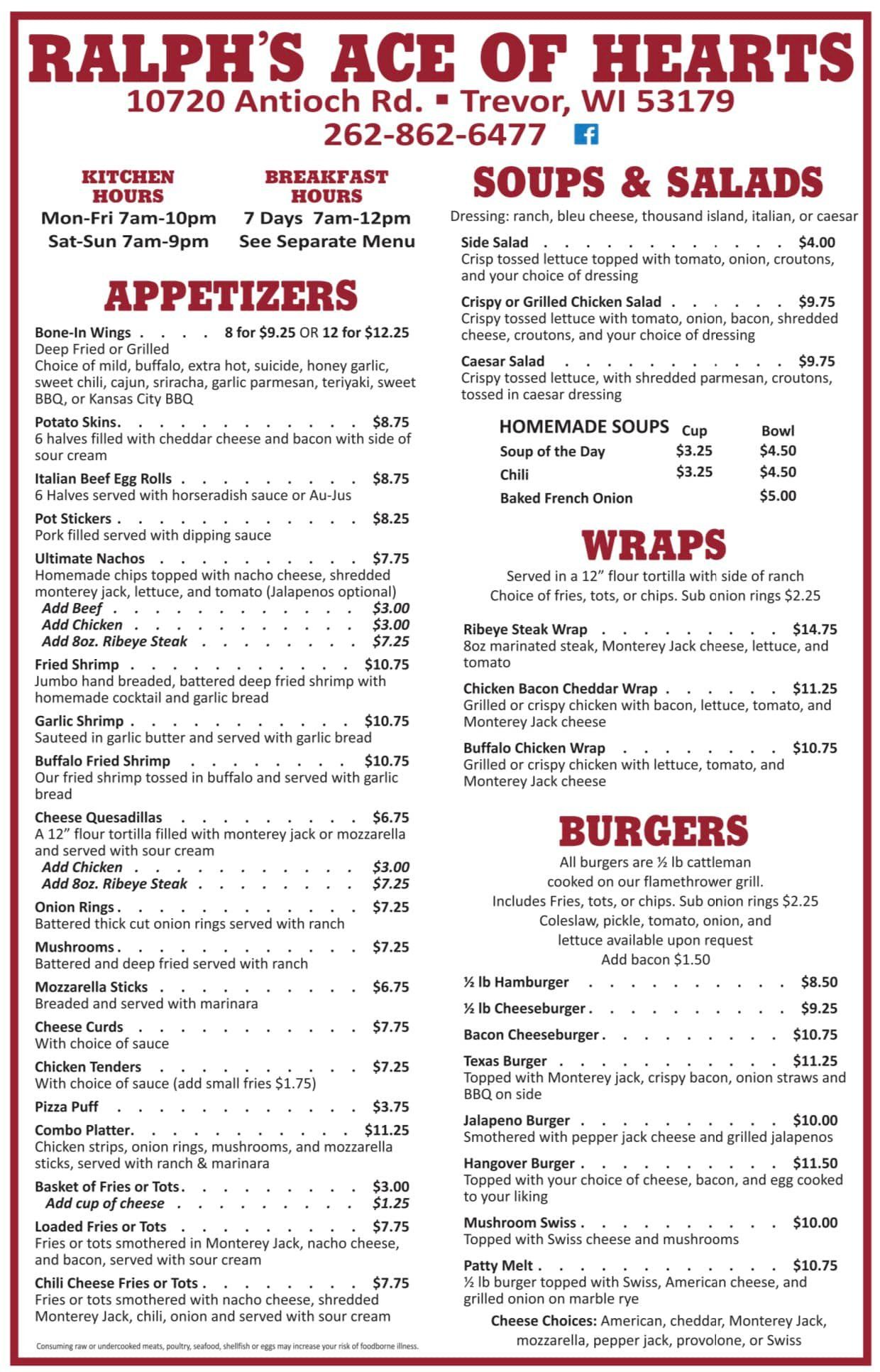 Ralph’s Ace of Hearts restaurant menu with appetizers, soups and salads, wraps, and burgers on a white background