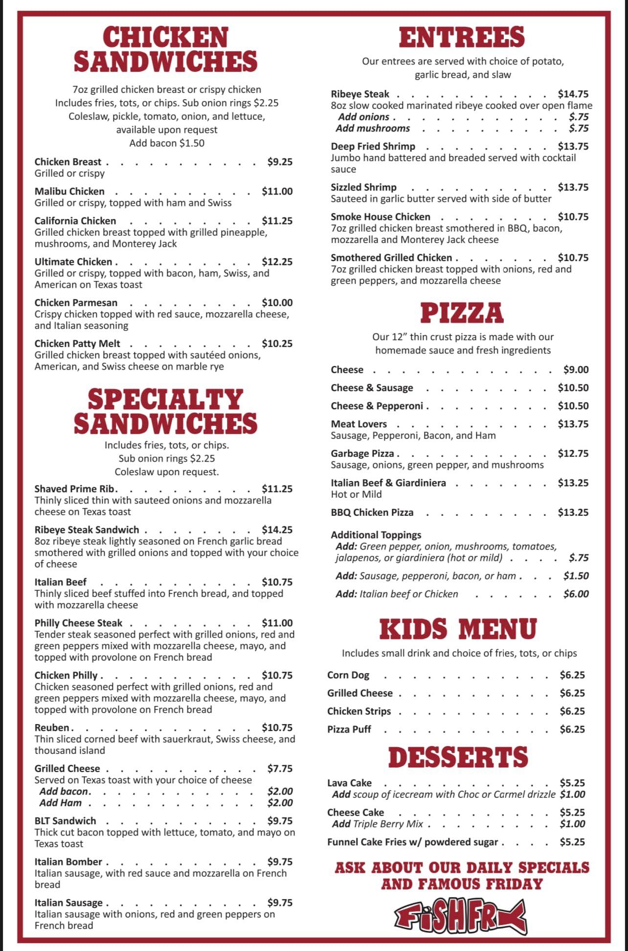 Red-and-black restaurant menu with sections for sandwiches, entrees, pizza, kids menu, and desserts.