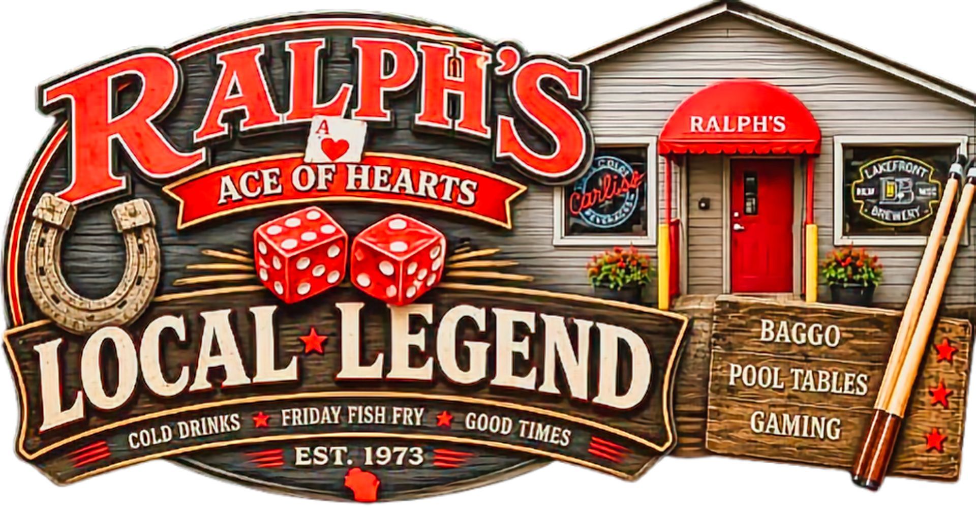 Ralph’s Local Legend casino logo with red dice, heart, cigar, and vintage brown banner design