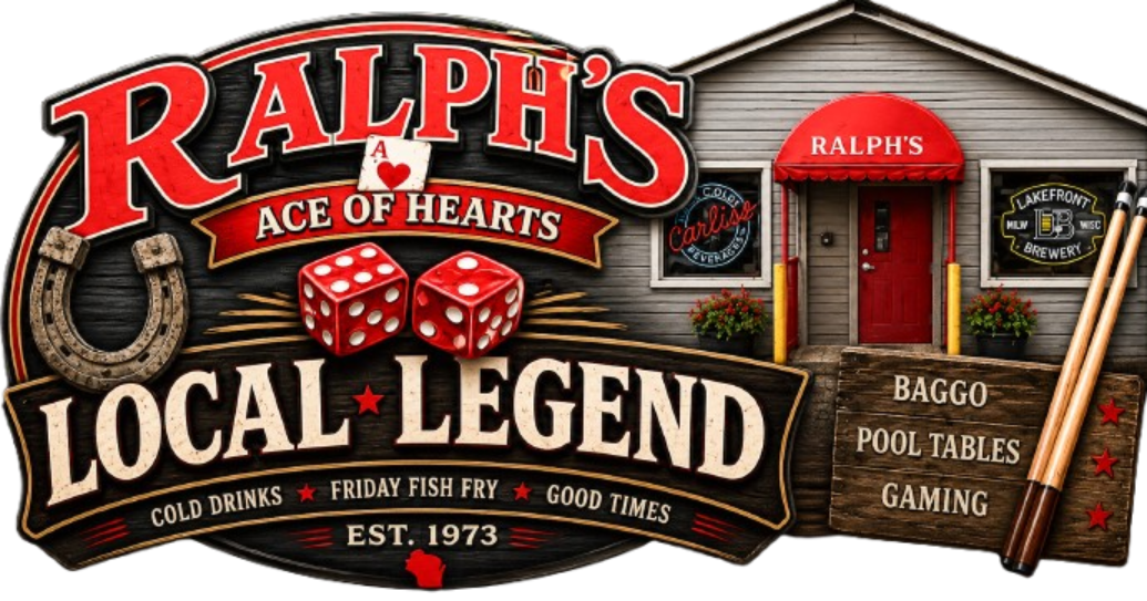 Ralph’s Local Legend casino sign with dice, cards, and red-and-black design on a rustic building