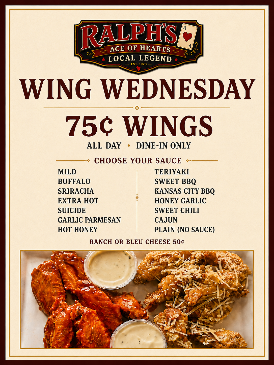 Wing Wednesday weekly flyer at Ralph's Ace of Hearts