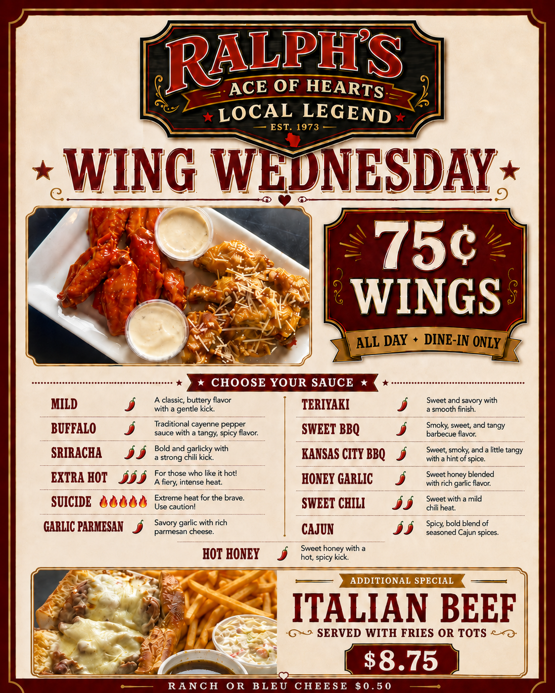 Wing Wednesday weekly flyer at Ralph's Ace of Hearts