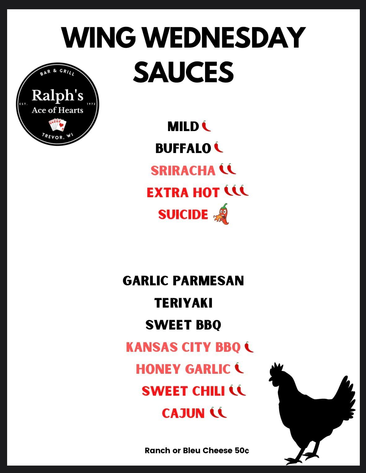 Wing Wednesday sauce menu with mild, buffalo, sriracha, garlic parmesan, BBQ, and chili options on white background