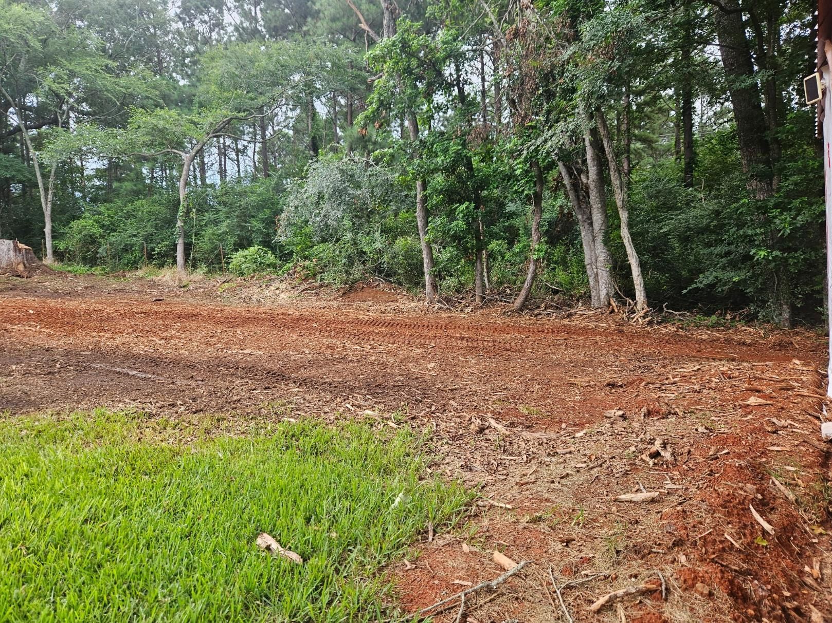 Cleared patch of red dirt with trees in the background, green grass in foreground.