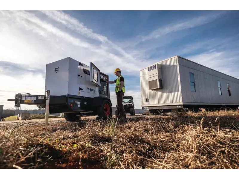 Utility worker beside a truck-mounted machine and portable container in a grassy field under a blue sky