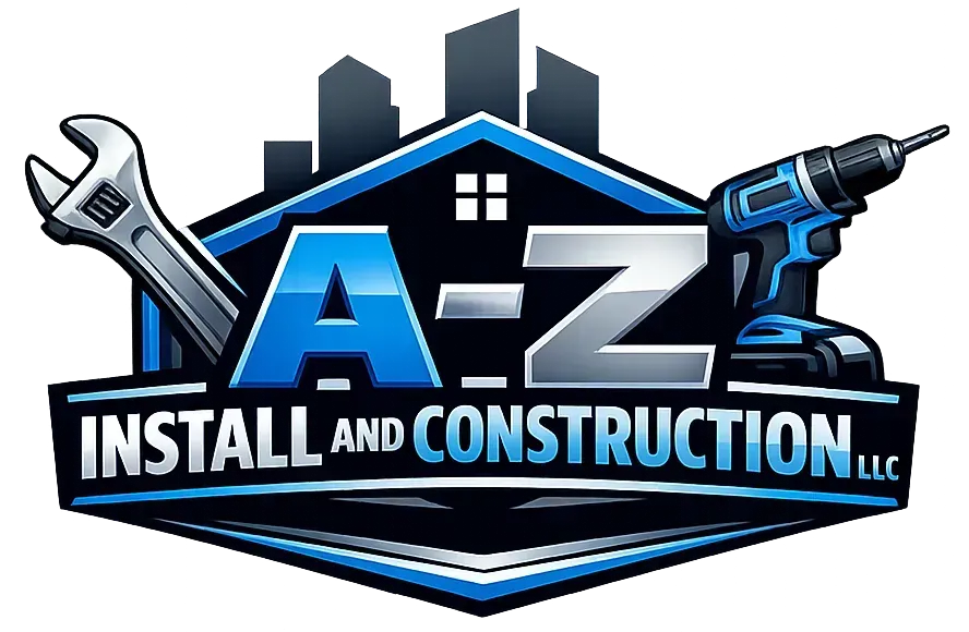 A-Z Install and Construction LLC logo with blue house roof, wrench, and drill tools
