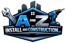 A-Z Install and Construction LLC logo with blue house roof, wrench, and drill tools
