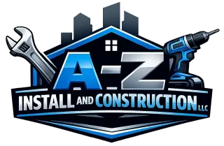 A-Z Install and Construction LLC logo with blue house roof, wrench, and drill tools