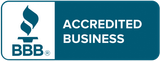 BBB Accredited Business logo on teal background with white emblem and text