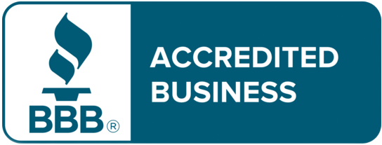 BBB Accredited Business logo on teal background with white emblem and text