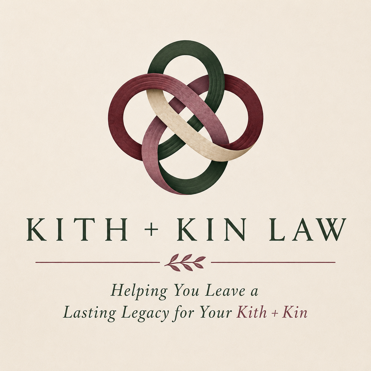 Kith + Kin Law logo with interwoven burgundy, green, and cream knot.