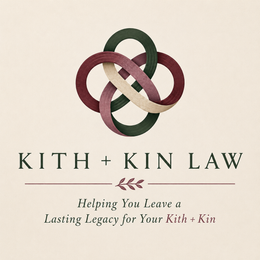 Kith + Kin Law logo with interwoven burgundy, green, and cream knot.