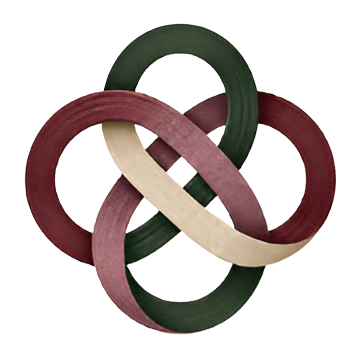 Interlocking colored wooden rings in maroon, green, and cream on a white background