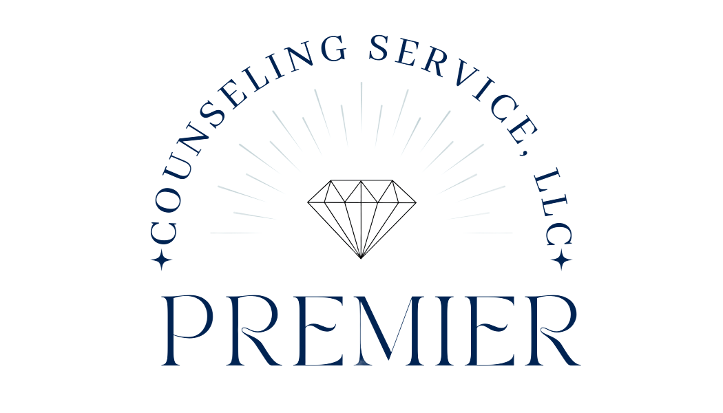 Logo for Premier Counseling Service: Diamond with sunburst rays, text 