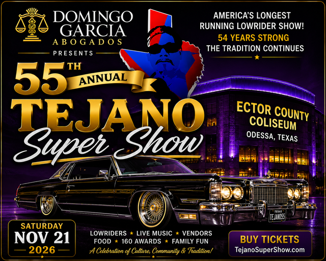 55th Annual Tejano Super Show poster with purple-black lowrider car at Ector County Coliseum, Odessa, Texas