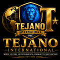 Tejano International logo with blue lion, gold globe, and large gold text on black background