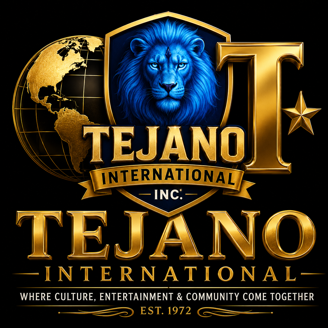 Tejano International logo with blue lion, gold globe, and large gold text on black background