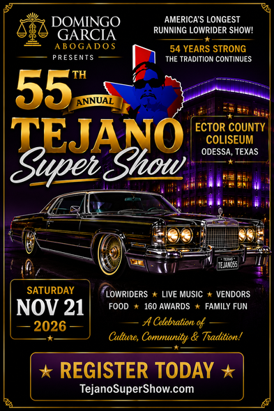 55th Tejano Super Show poster with classic car, November 21, 2026, Edcouch, Texas, register today