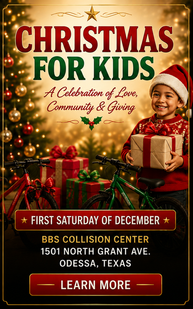 Christmas for Kids event poster with gifts, lights, and a child in a Santa hat; first Saturday of December in Odessa, Texas