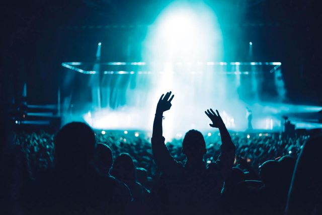 Crowd silhouettes with raised hands at a bright blue concert stage