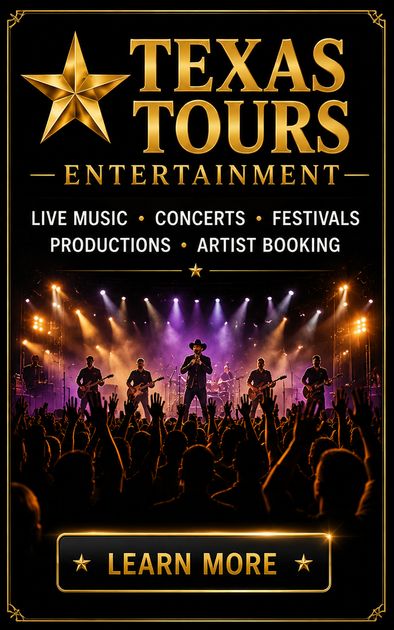 Texas Tours Entertainment ad with concert crowd, stage lights, and a “Learn More” button