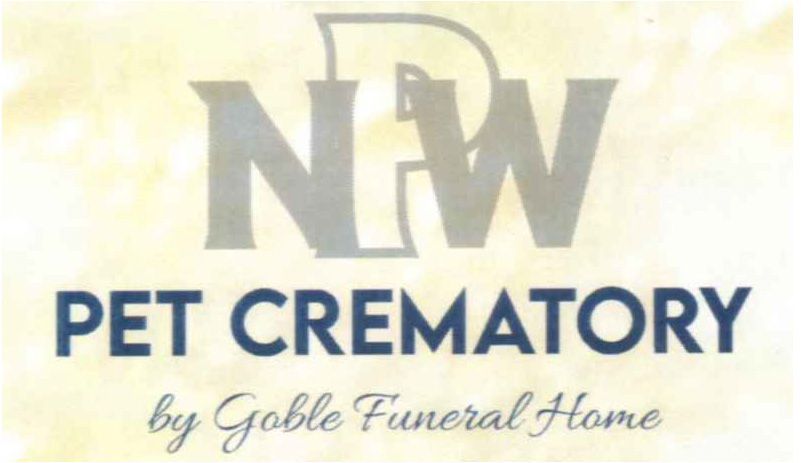 Logo for NW Pet Crematory by Goble Funeral Home. Light yellow background with blue and silver text.