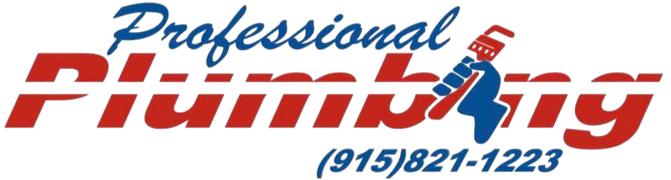 Logo for Professional Plumbing with red and blue text and phone number (915) 821-1223