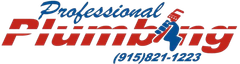 Logo for Professional Plumbing with red and blue text and phone number (915) 821-1223