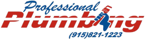 Logo for Professional Plumbing with red and blue text and phone number (915) 821-1223