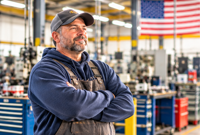 Factory worker standing with arms crossed in an industrial workshop, with machinery and an American flag behind him