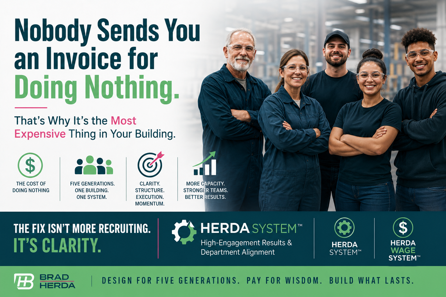 Business insurance ad with smiling team, teal office backdrop, and text: “Nobody Sends You an Invoice for Doing Nothing.”
