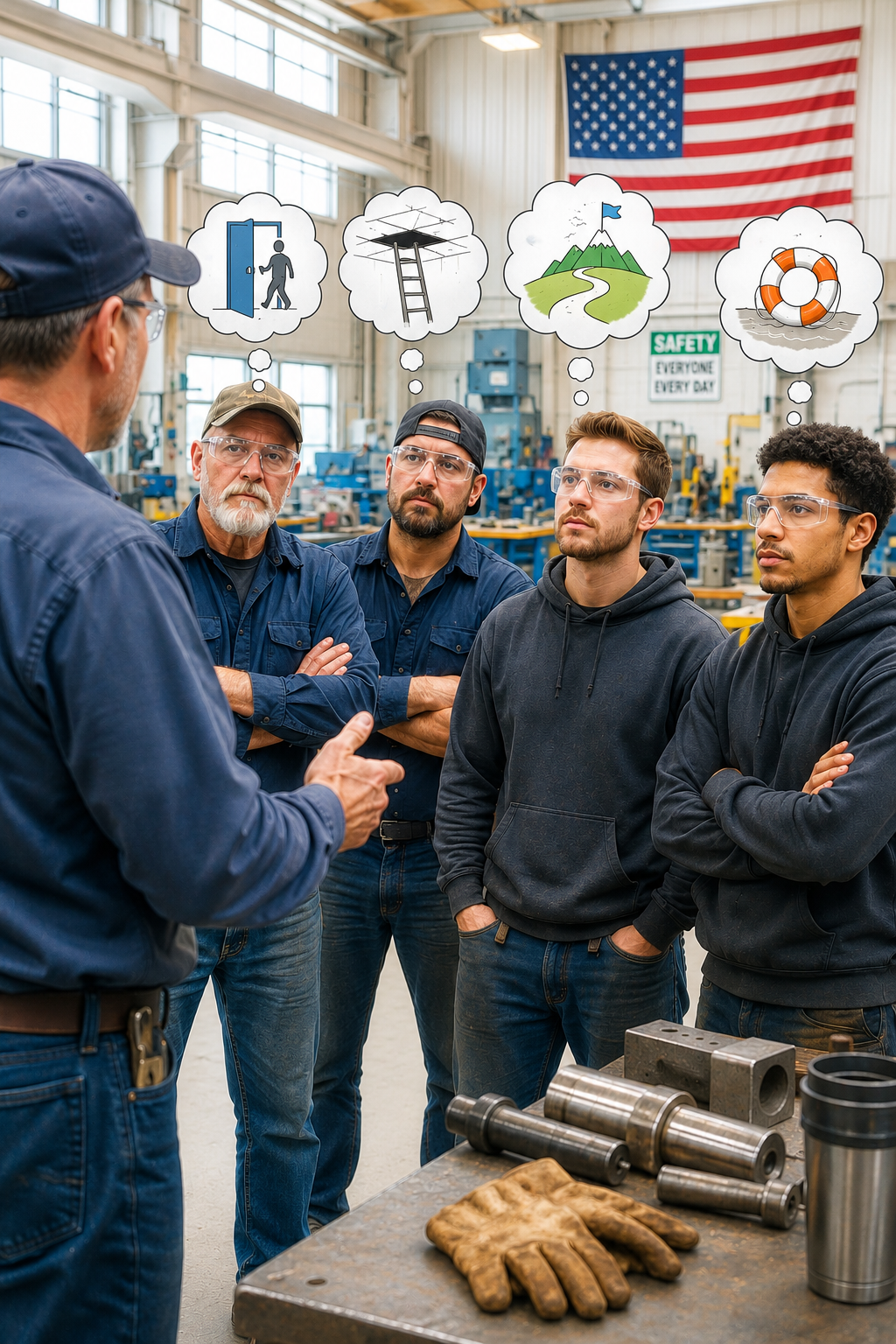 Workers listening to a supervisor in a machine shop, with tools on a workbench and an American flag in the background