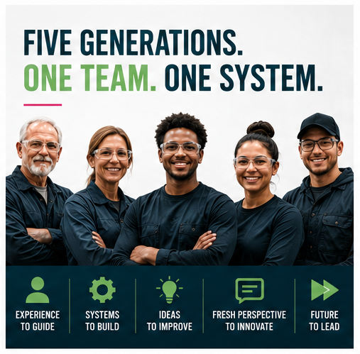 Five diverse team members in black shirts under “Five generations. One team. One system.” text.