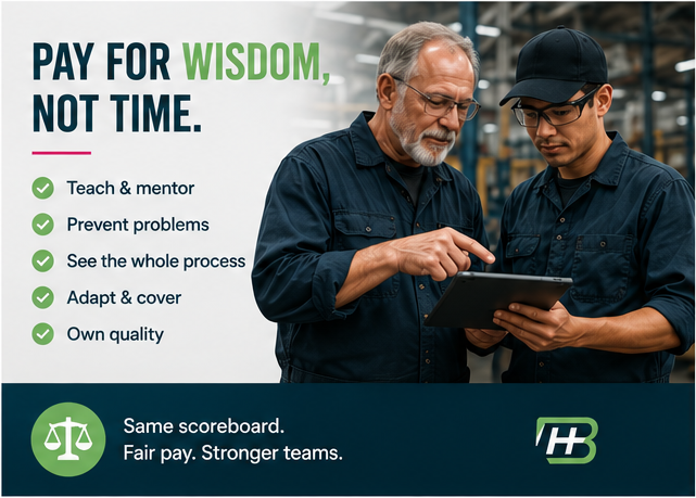 Two workers in a workshop reviewing a tablet, with text: “Pay for wisdom, not time.”