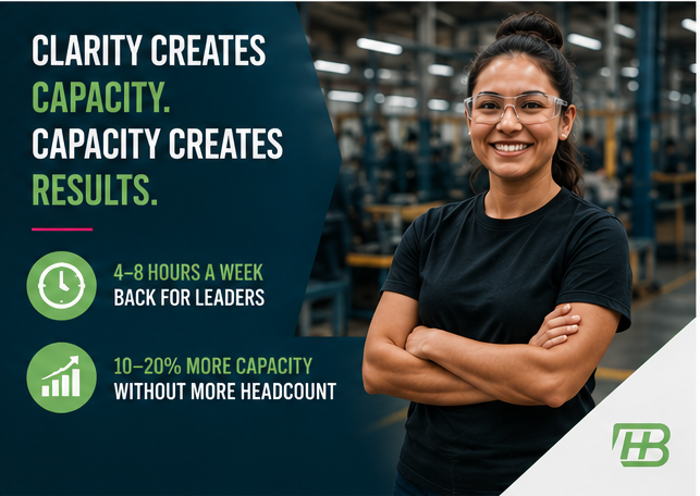 Smiling worker in warehouse beside text: “Clarity creates capacity. Capacity creates results.”