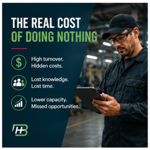Dark promo graphic: man looking at phone beside text on costs of doing nothing.