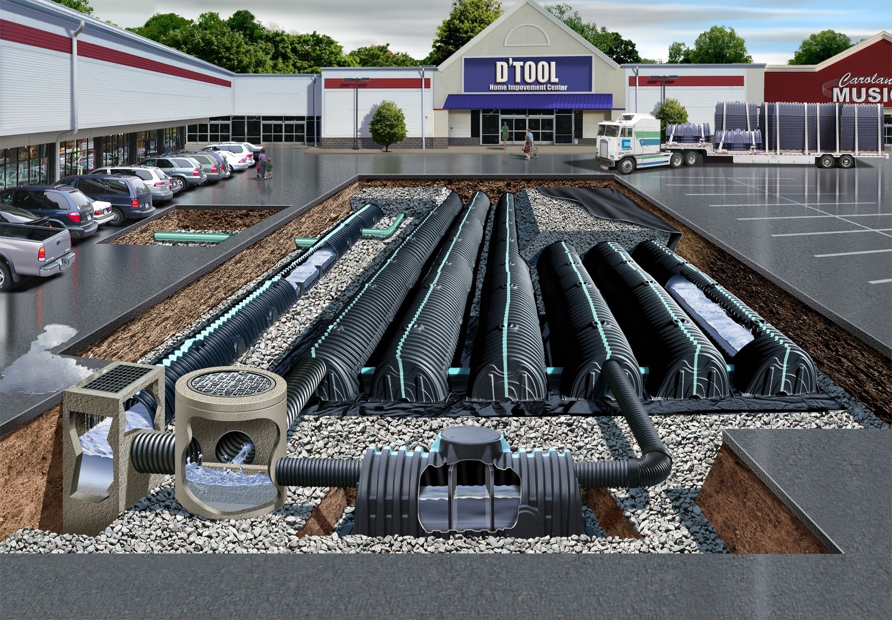 An artist 's impression of a drainage system in a parking lot