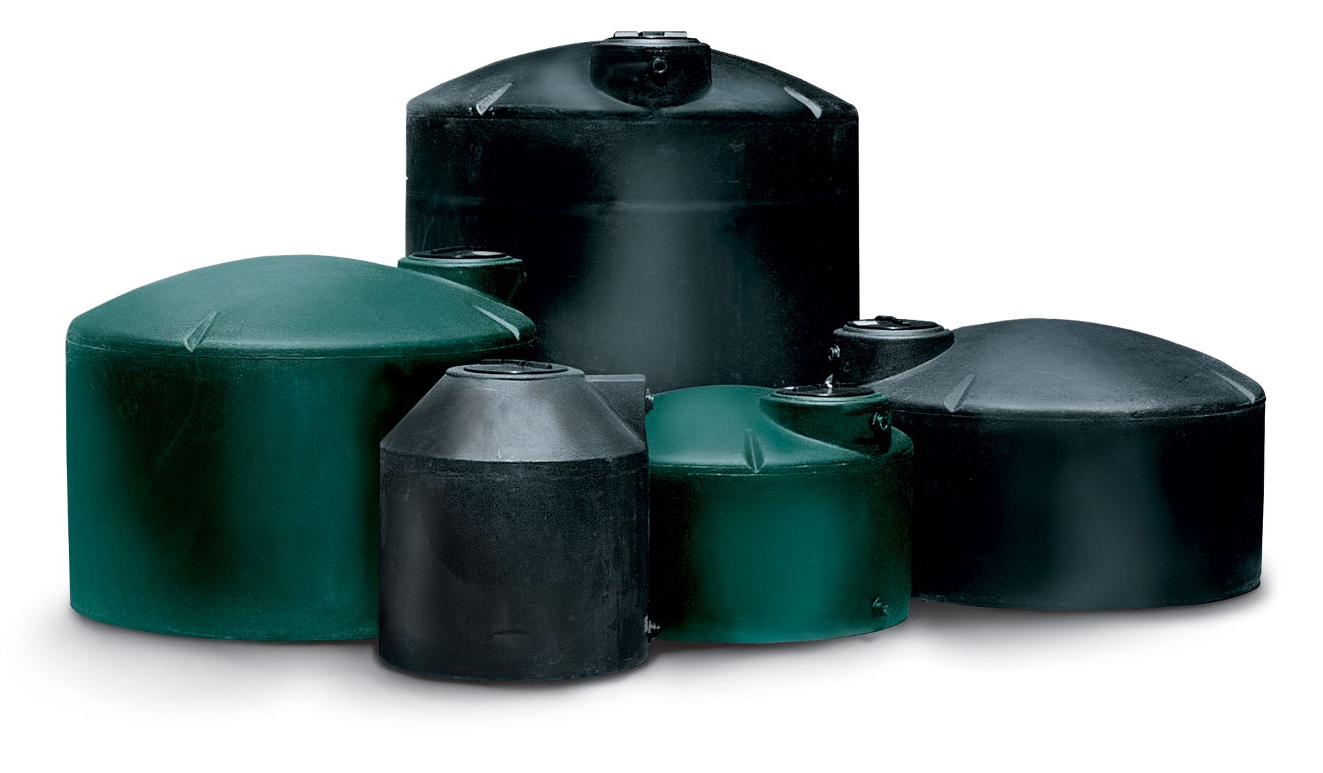 A group of black and green water tanks are stacked on top of each other.