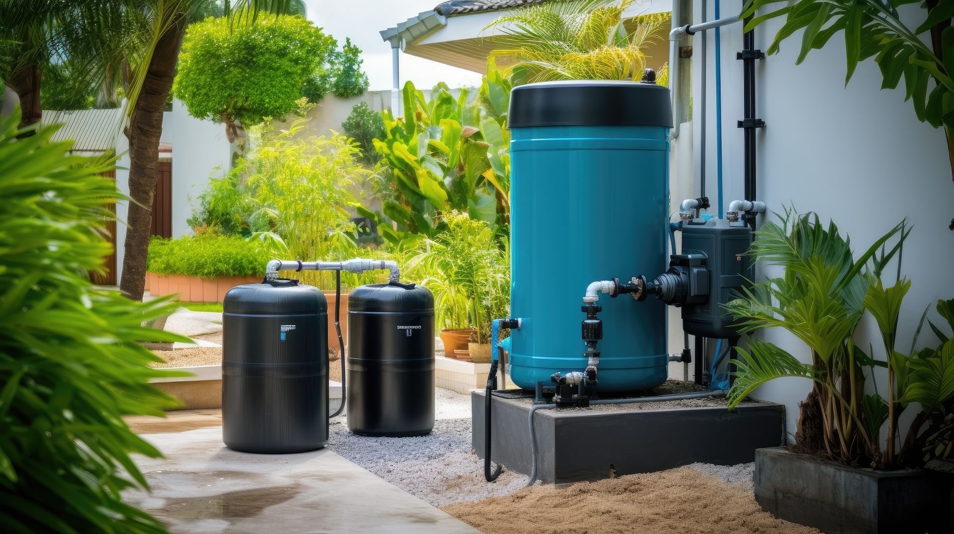 A large blue tank is sitting in the backyard of a house.