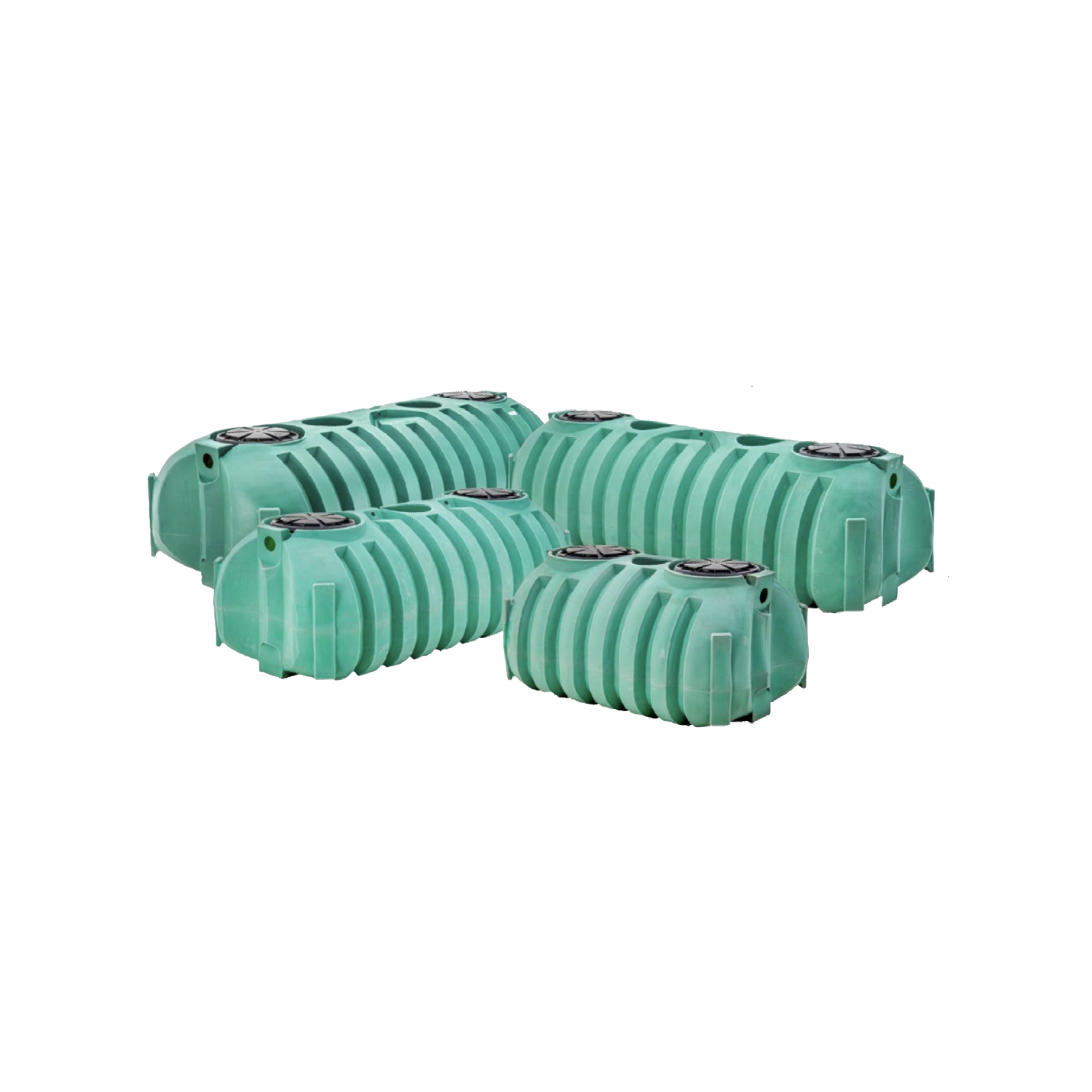 A group of green plastic tanks are stacked on top of each other on a white background.