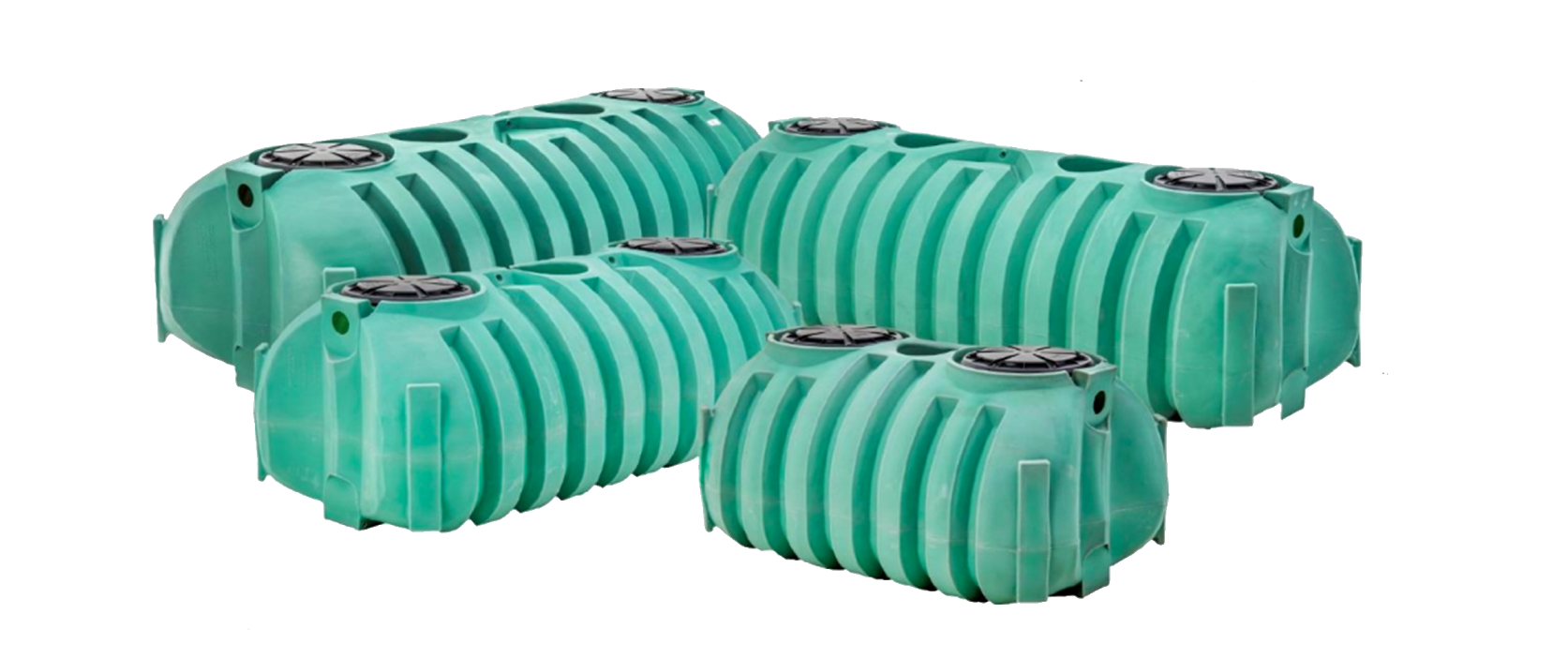 A group of green plastic tanks are stacked on top of each other on a white background.
