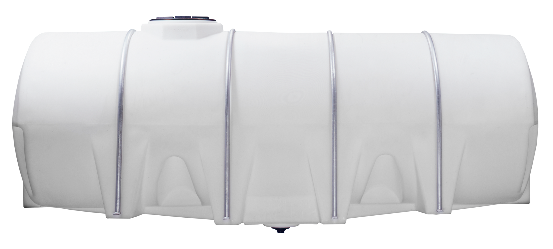 A large white plastic tank with a metal frame on a white background.