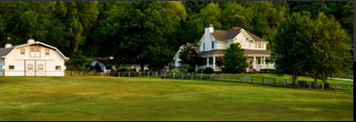 A white house is sitting in the middle of a lush green field surrounded by trees.