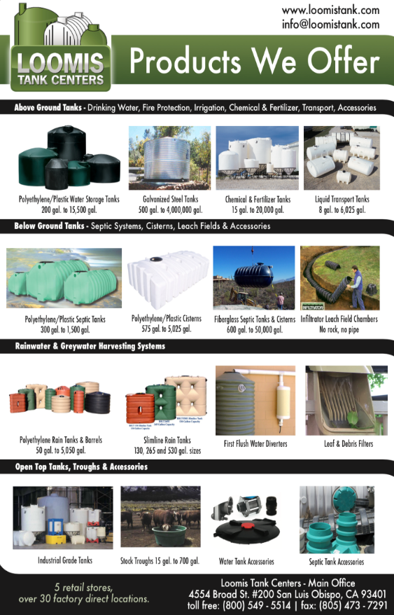 A flyer for loomis tank centers shows a variety of products they offer.
