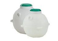 Two white plastic containers with green lids on a white background.