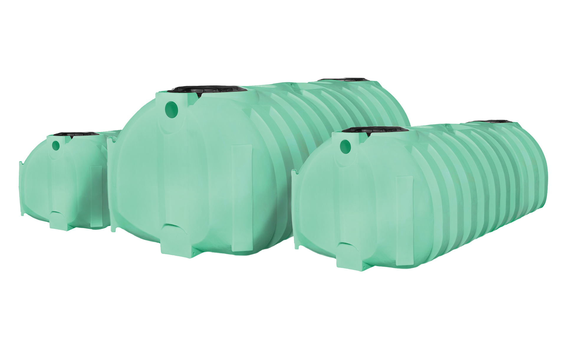 Three green plastic tanks are stacked on top of each other on a white background.